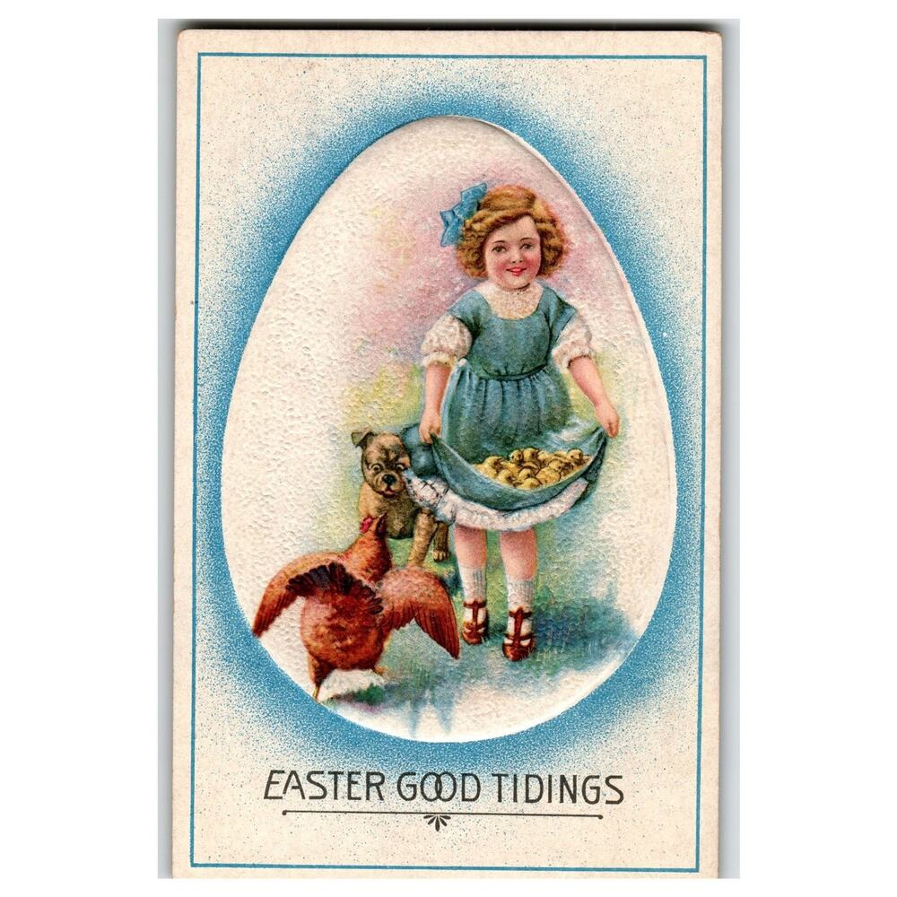 Henderson Antique Easter Good Tidings Embossed Postcard Girl Chicks Dog Hen